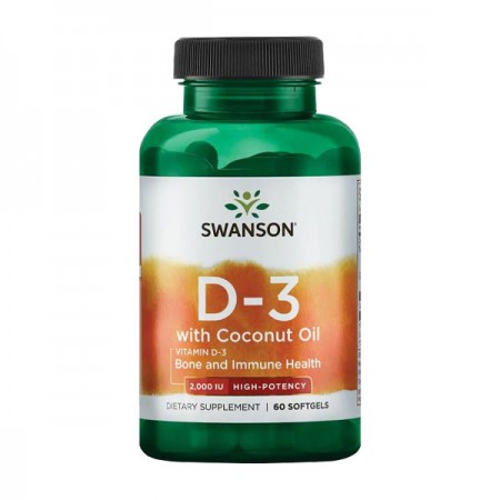 Vitamin D3 s kokosovim uljem Swanson 2000IJ, 60 kaps